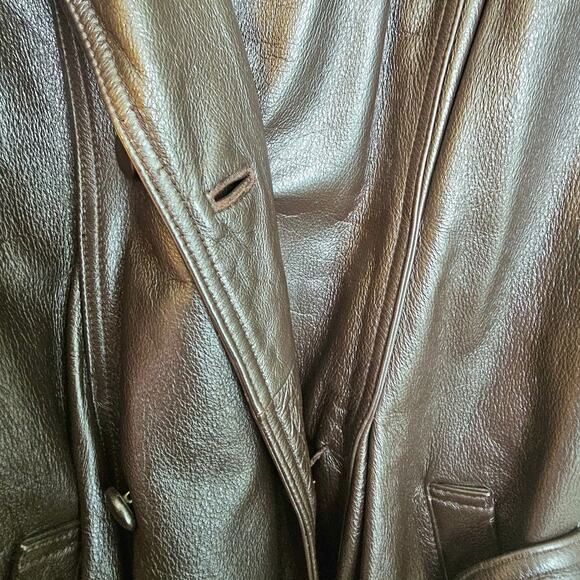 Together! Vintage Dark Brown Leather Double Breasted Trench Coat with Belt - Picture 10 of 11